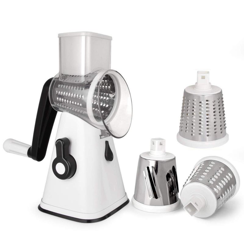 NILICAN Manual Rotary Cheese Grater, Potato Slicer Cutter Hand Crank, Kitchen Mandoline Vegetable Shredder, with 3 Interchangeable Blades (White)